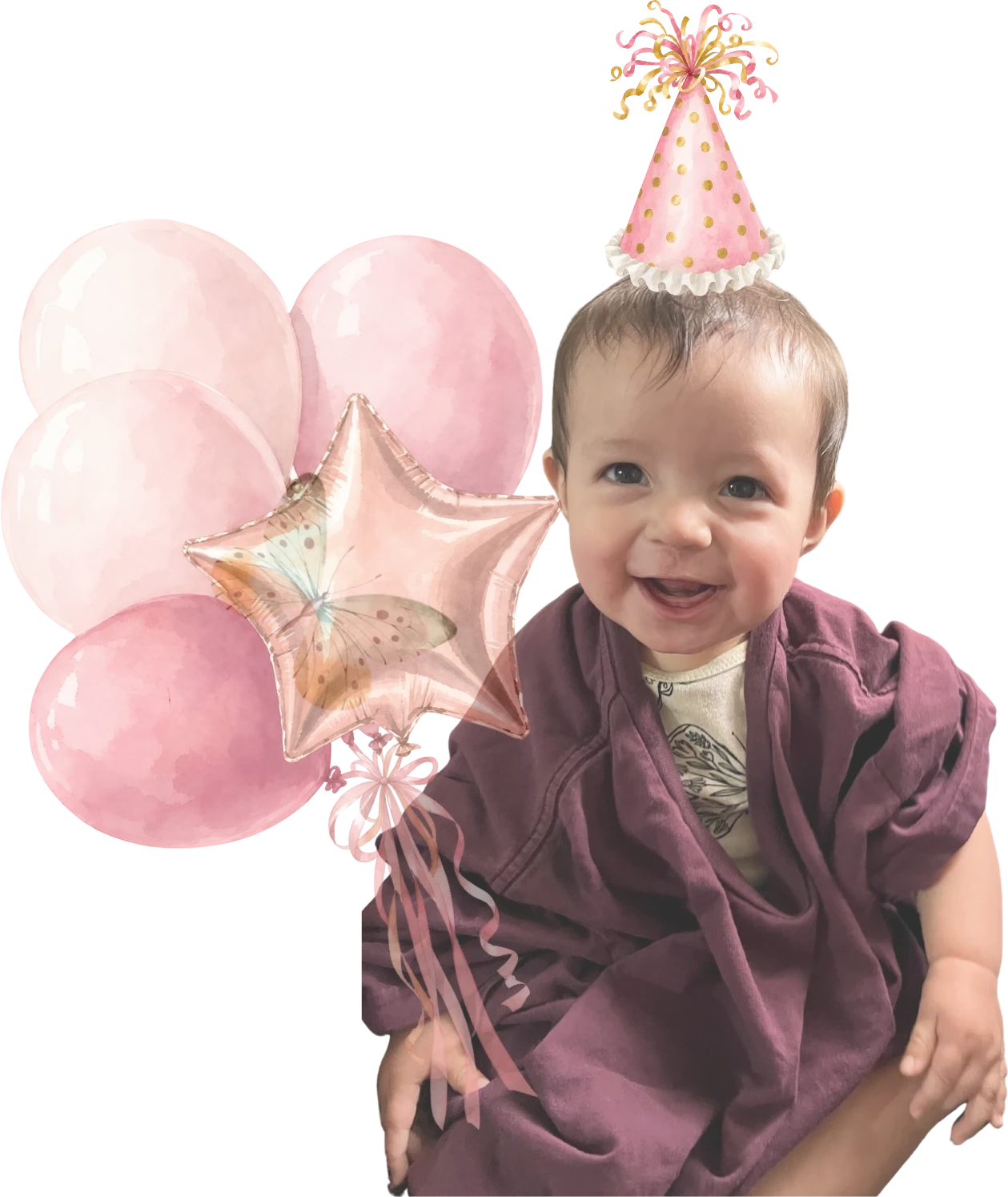 Irina Daniela sonriendo con un gorro de fiesta, junto a globos rosas